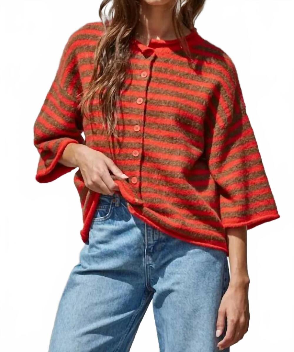 NEW BY TOGETHER striped knit quarter sleeve cardigan sweater in red camel